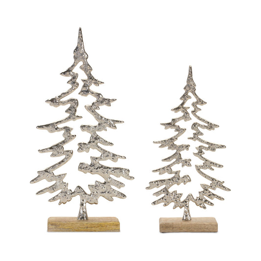 Metal Pine Tree Outline on Natural Base (Set of 3)