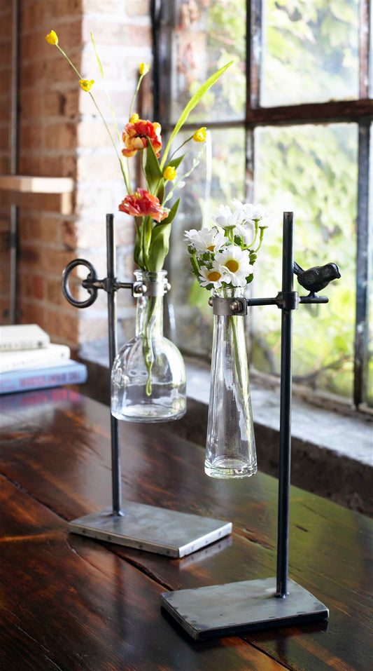 Stem Vase w/Stand (Set of 2) 14"-14.5"H Metal/Glass